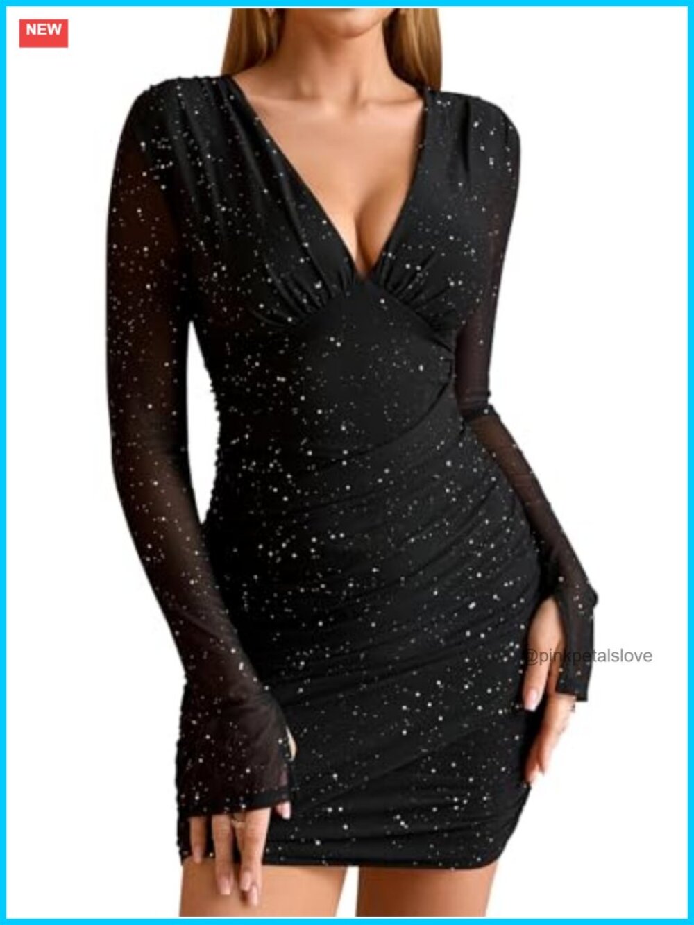 Long Sleeve Bodycon Mini Dress Ruched V Neck Mesh Club Night Out Party